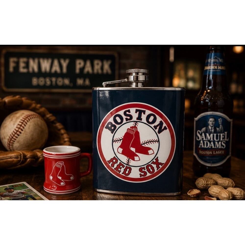 Boston Red Sox Flask Shot Glass Set MLB Licensed Barware Tailgate Fan Gift